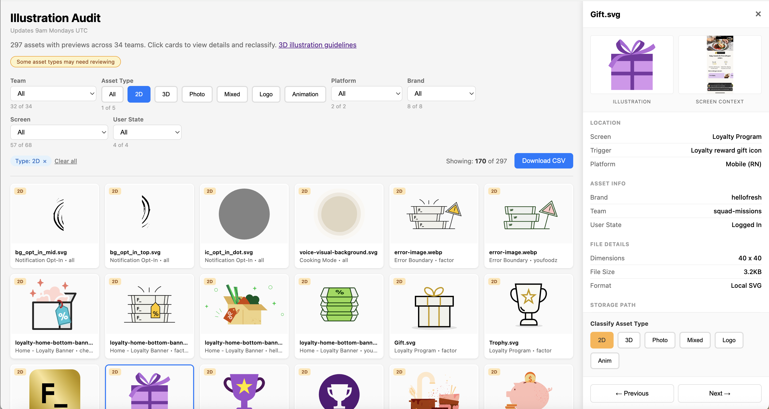Screenshot of the illustration audit tool showing a grid of assets with filters for team, asset type, platform, and brand, plus a detail panel for reclassifying assets