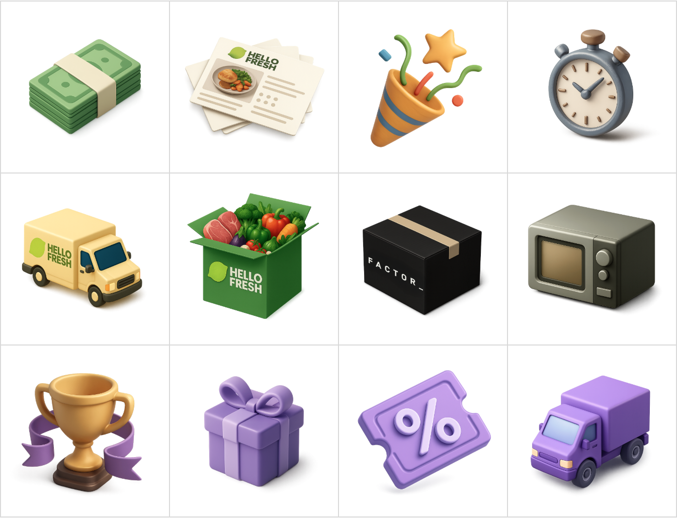 Examples of the target 3D illustration style showing food, delivery trucks, and reward icons
