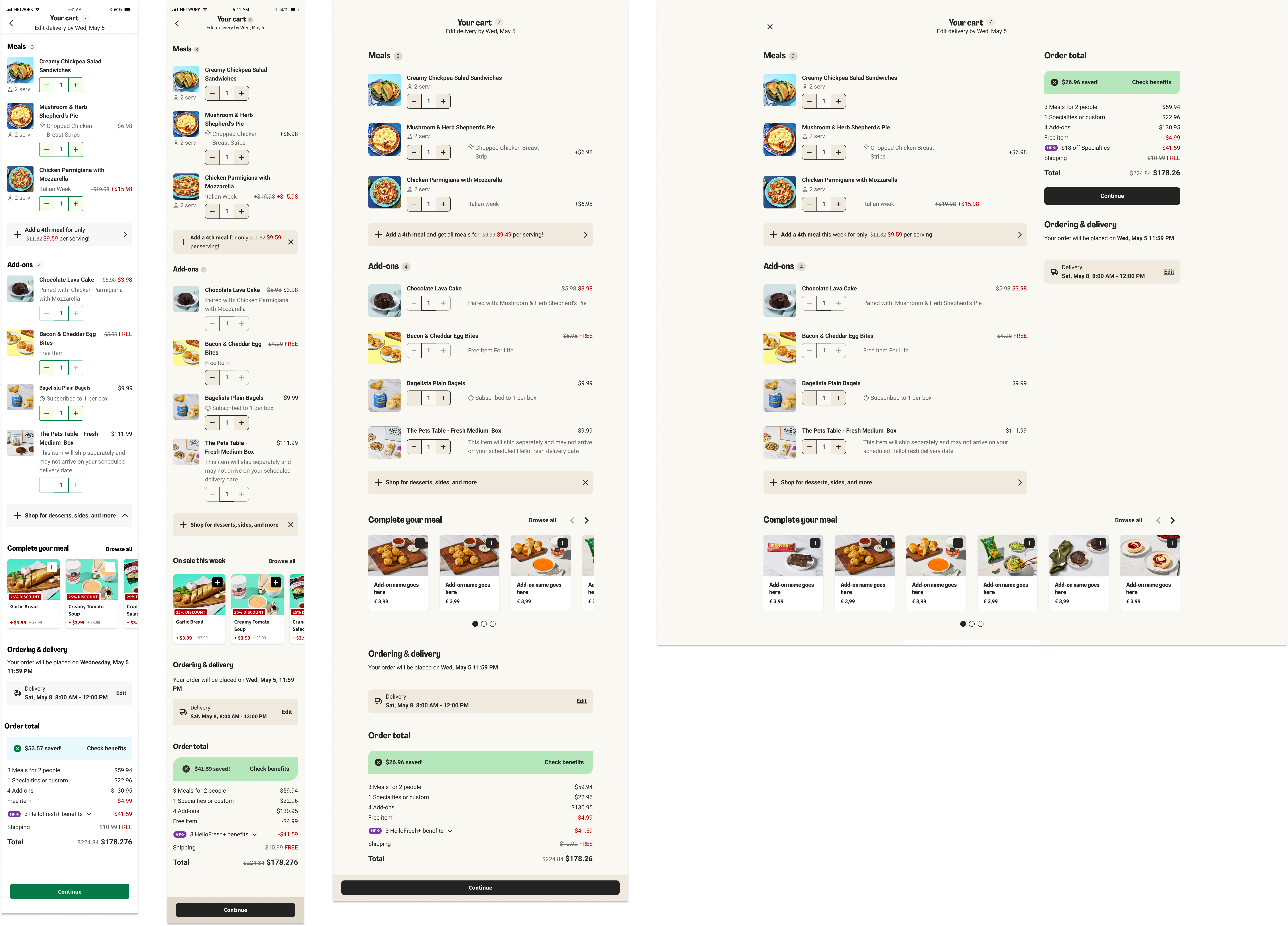 Cart Redesign app release showing UI1 and UI2 designs across different iterations