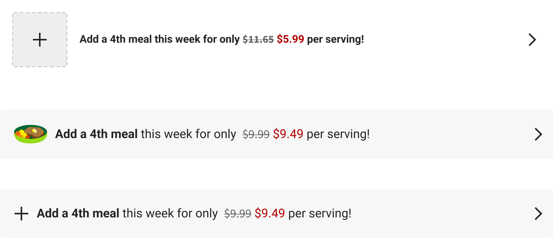Upselling banner iterations: Control with placeholder image, Variants with meal image, Rolled Out with icon only