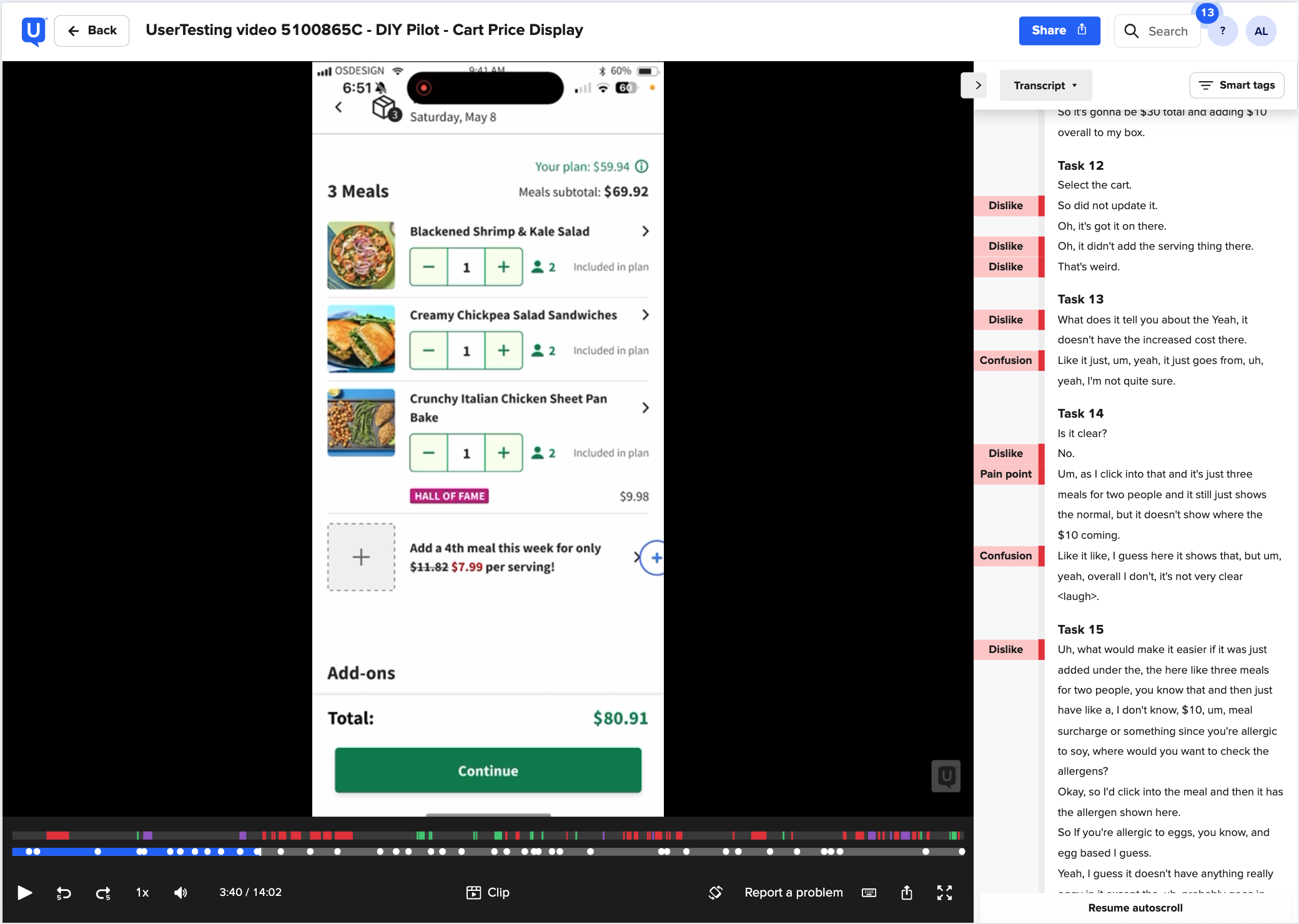 Usability testing findings - Cart UI screenshot and recommendations