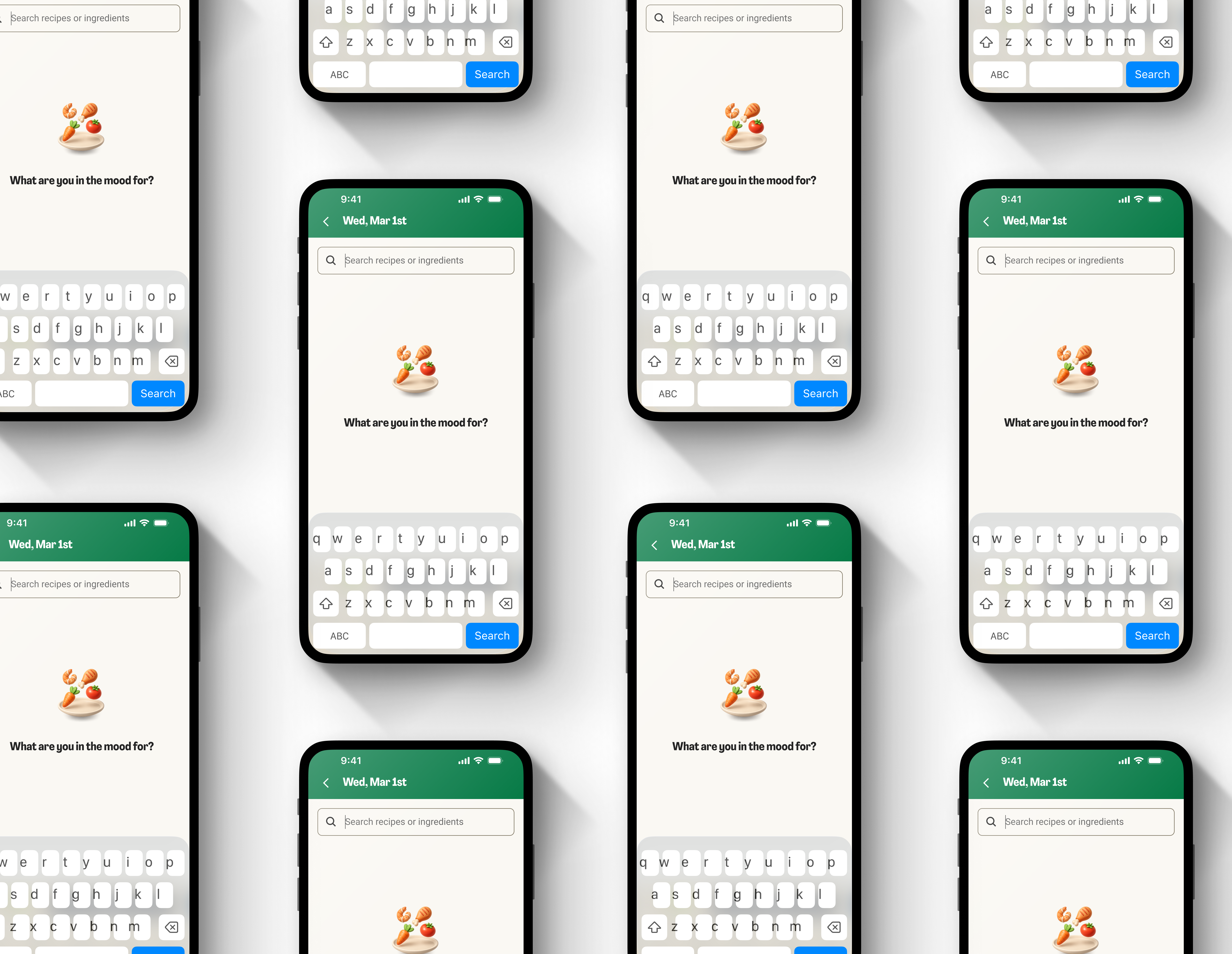 Mobile search screens showing recipe search with keyboard and empty state illustrations