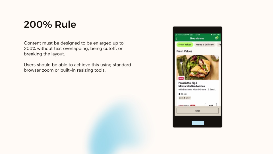 Slide from accessibility presentation showing the 200% text resizing rule with a mobile app example