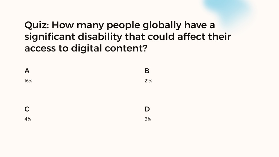 Slide from accessibility presentation with quiz question: How many people globally have a significant disability that could affect their access to digital content?