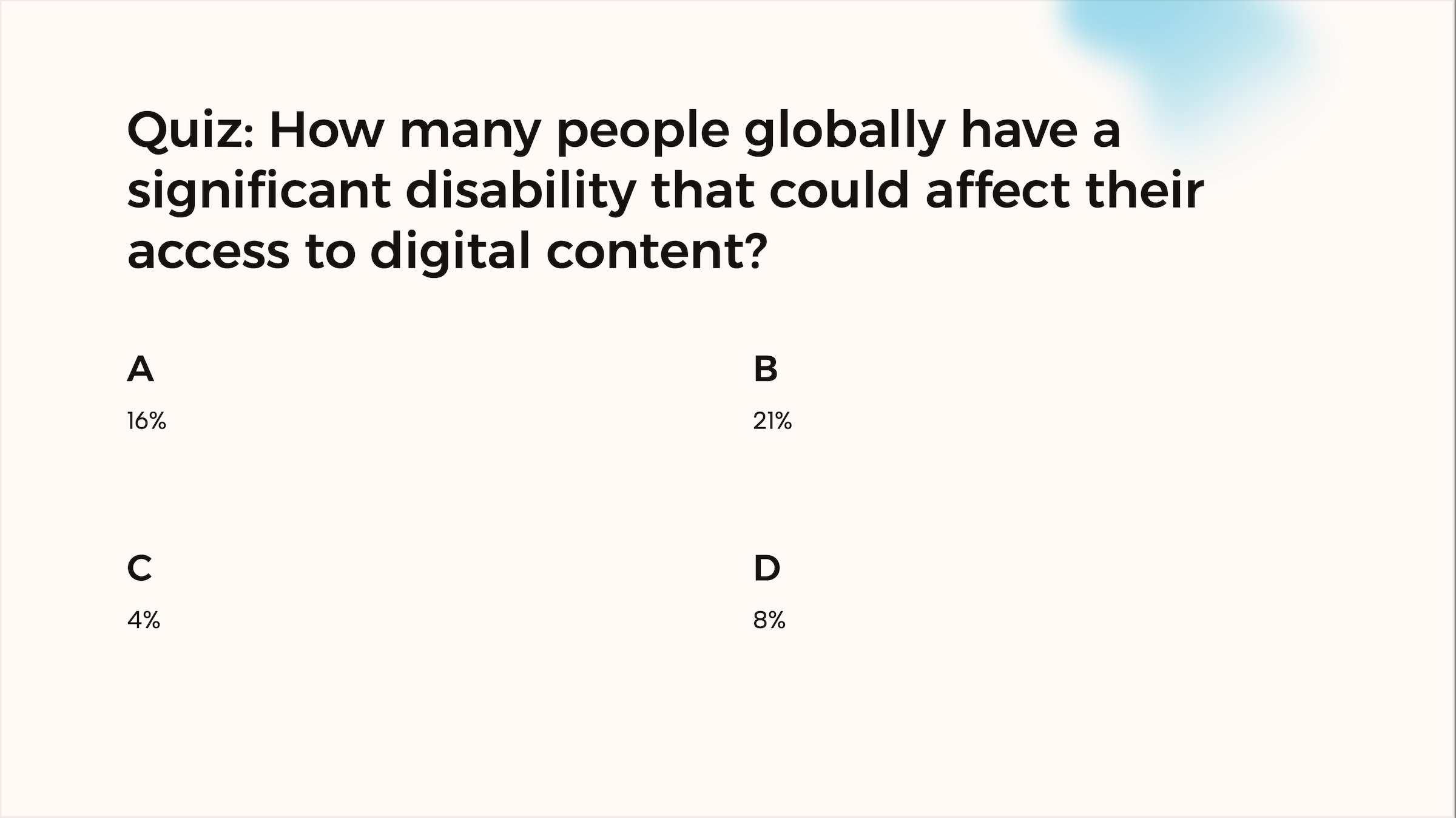 Slide from accessibility presentation with quiz about the percentage of people globally with a significant disability